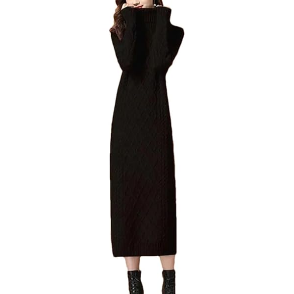 Vestido Largo Recto De Punto Grueso Y Cálido Para Mujer, Cuello Alto, Para Otoño E Invierno, Negro