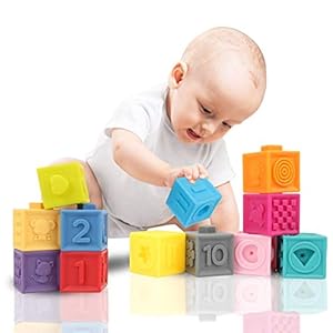 GILOBABY 12 PCS Baby Soft Blocks Set, Toddler Silicone Building Blocks Squeeze Stacking Toys with Animal Shape Fruit…