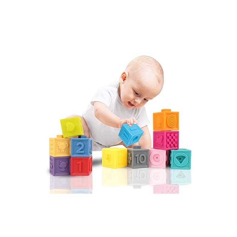 GILOBABY 12 PCS Baby Soft Blocks Set, Toddler Silicone Building Blocks Squeeze Stacking Toys with Animal Shape Fruit…