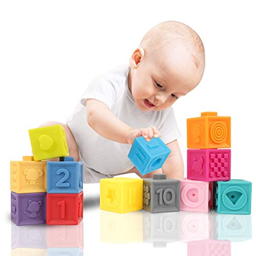 GILOBABY 12 PCS Baby Soft Blocks Set, Toddler Silicone Building Blocks Squeeze Stacking Toys with Animal Shape Fruit Number, Ideas Educational Toy Birthday for Baby Toddler Children