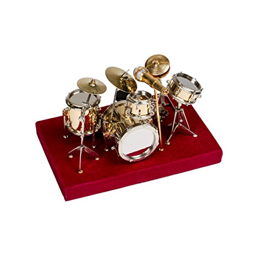 Gold Drum Set Metal Instrument Miniature Replica on Stand, Size 5 x 5 x 4 in.