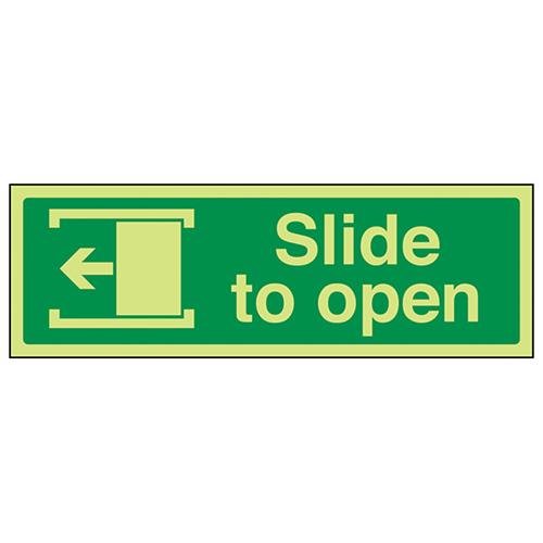 VSafety Glow In The Dark Slide To Open (Left) Door Sign - 300mm x 100mm - Self Adhesive Vinyl
