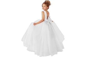 MCieloLuna Flower Girls Satin Tulle Princess Pageant Dress for Wedding Kids Pearls Prom Ball Gowns with Bow-Knot