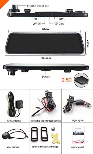 1080P 9.66" Full Touch IPS Screen Car DVR Stream Media Rear-View Mirror Monitor with Front and Rear Double Recorder HD Camera Waterproof Night Vision&GPS Tracking
