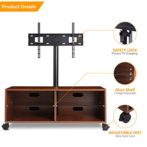 5Rcom Rolling Wood Entertainment TV Stands with Swivel Mount and Height Adjustable for Most Flat/Curved Panel TVs from 32 to 65 Inch, Sturdy and Durable, Walnut - Thumbnail 4