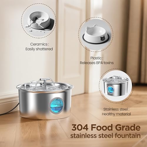 Fuente de Agua para Gatos de Acero Inoxidable: Fuente de Agua para Gatos - Fuente de Agua para Gatos de Interior - Cuenco Dispensador Automático de Agua para Mascotas