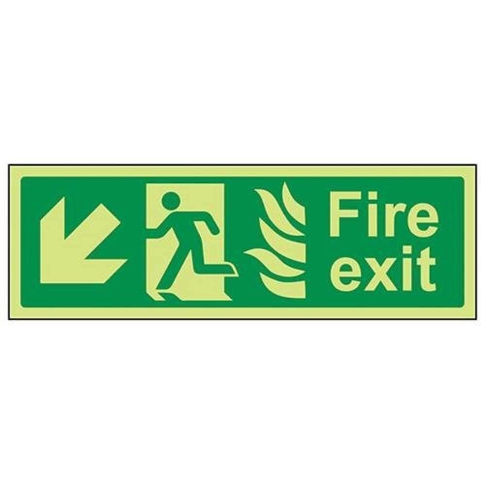 V Safety Glow In The Dark NHS Fire Exit Arrow Down Left Sign - 300mm x 100mm - Self Adhesive Vinyl