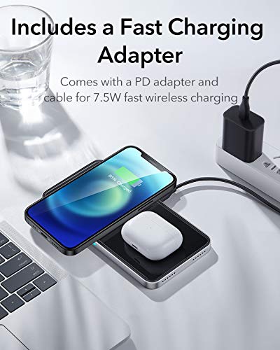 ESR HaloLock 2-in-1 Magnetic Wireless Charging Station [Automatic Magnetic Alignment] [Includes Fast Charging Adapter] for iPhone 12/12 Pro/12 Mini/12 Pro Max, AirPods, Black
