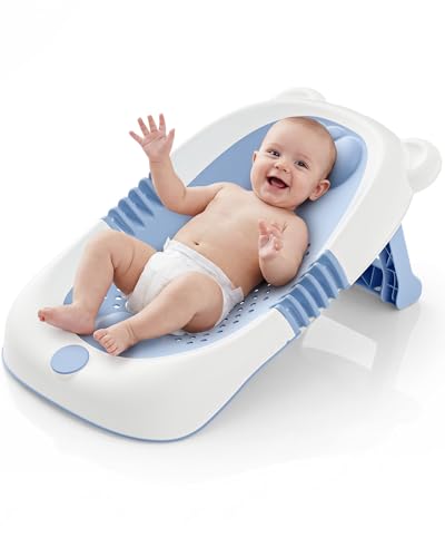 Foldable Baby Bath Tub with Stand, Newborn Bathtub with Non-Slip Seat and Suction Cups, Baby Must Haves for 0-6 Months, Newborn Gift