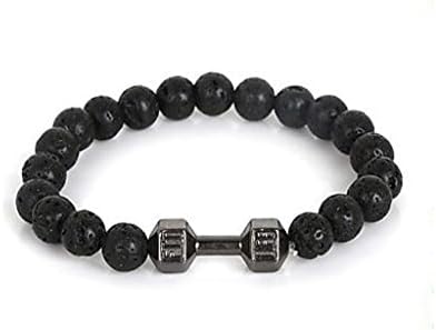 XIEXIE 1Pc Live Lift Dumbbell Bracelet 8mm Black Stone Beads Strand Bracelet , one size