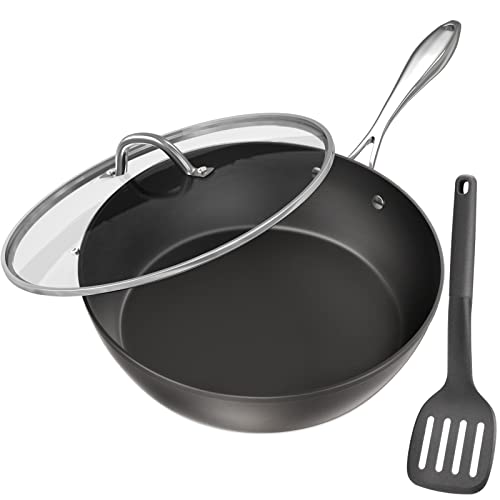 COOKER KING Deep Non Stick Frying Pan with Lid, 11-inch Saute Pan,Healthy Pans for Cooking, Induction Compatible | Stay-Cool Handle, | Dishwasher Safe | Oven Safe | Non-Toxic PFOA & PFOS Free (Black)