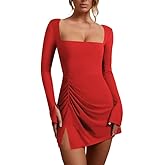 WISFRUIT Women's Sexy Square Neck Bodice Dress Long Sleeve Ruched Side Slit Party Club Mini Dress