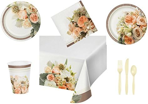 Rose Gold Bouquet Bridal Shower/Wedding Tableware Bundle, Includes 8 Banquet Plates, 8 Luncheon Plates, 16 Napkins, 8 Hot/Cold Cups, 1 table cover, and 8 forks, knives, and spoons