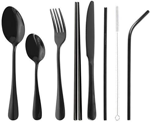 Stainless Steel Flatware Set Reusable Cutlery Set Travel Utensils Set with Straws for Camping Office or School Lunch,Dishwasher Safe (Black-Set of 8)