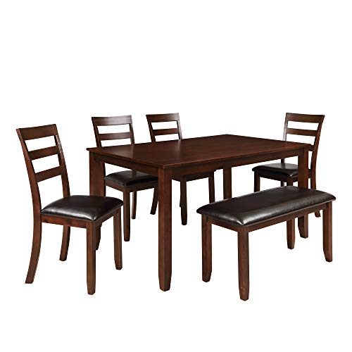 Dinning Room Set for 6 with Bench,JULYFOX 6 Piece Wood Rectangular Kitchen Table with 4 PU Leather Padded Chairs and 1 Upholstered Dinning Bench for 6 People Espresso