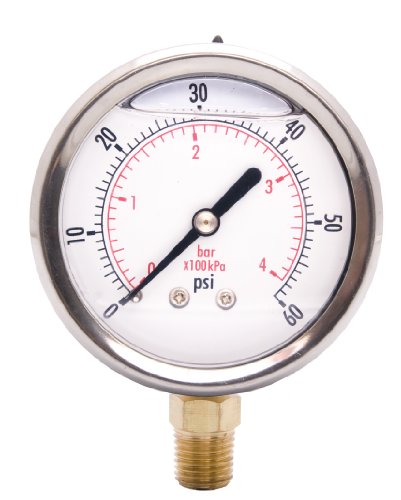 DuraChoice2-1/2" Liquid Filled Pressure Gauges - Stainless Steel Face, Brass, 1/4" NPT Lower Mount Connection, OEM 0-60PSI