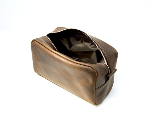 Leather Toiletry Bag Compact Dopp Kit for Travel Small 8" x 4" x 3,5" with Waterproof Lining, Travel Organizer for Men and Women, Zippered Cosmetic Pouch Case Shaving and Grooming Kit - Thumbnail 2