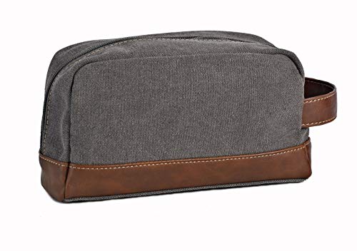 Toiletry Bag Travel Canvas Mens Leather Makeup Bag Organizer Cosmetic Bag Mens Shaving Bag Dopp Kits Large (Gray)
