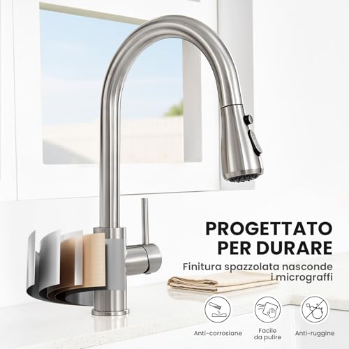 CECIPA Kitchen Sink Tap with 2 Types of Modes, Kitchen Mixer with Pull-Out Shower 40 cm, Stainless Steel Tap with Pull-Out Shower, 360° Swivel Mixer Tap