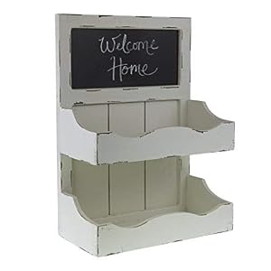 Image of Decor Works - Wood Wall Organizer With Chalkboard And Two Storage Bins - Wall Mounted Blackboard - Magazine Rack - Magazine Holder - Shabby Chic - Rustic (Distressed White)
