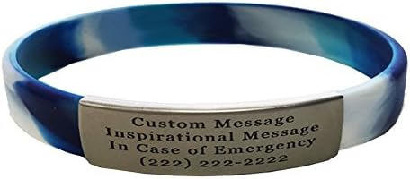 Waterproof Performance Blue CAMO Skinny Sport Fitness ID Bracelet Hypoallergenic Silicone with Free Engraving- Runners, Cyclist, Religious, Men, Women, Kids, Children, Fitness, Athletes