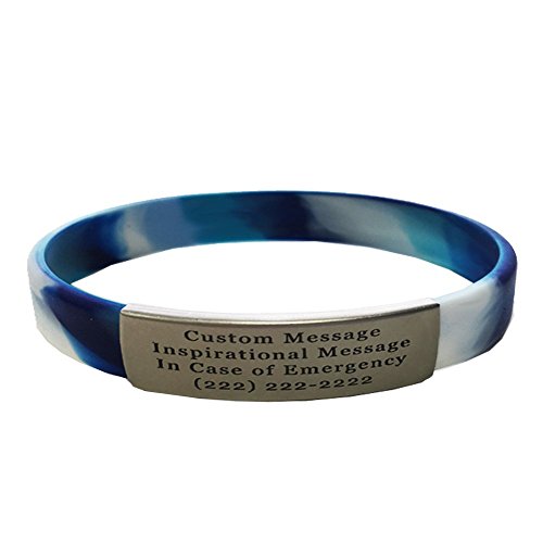 Waterproof Performance Blue CAMO Skinny Sport Fitness ID Bracelet Hypoallergenic Silicone with Free Engraving- Runners, Cyclist, Religious, Men, Women, Kids, Children, Fitness, Athletes
