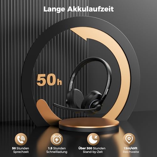 TECKNET V6.0 Bluetooth Headset with Microphone, Wireless Headset with AI Noise Cancelling Bluetooth Wireless Headphones PC On Ear with USB-C Receiver Office/Trucker/Call Centre - 50+ Hours Battery