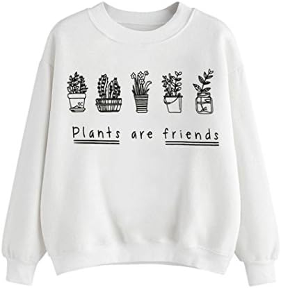 Women Long Sleeve Sweatshirt, Crewneck Pullover Tops Letter Print Plants are Friends