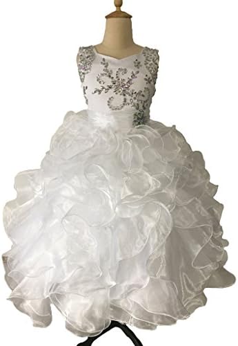 HuaiLian Little Girl's Straps Ruffled Crystal Beaded White First Holy Communion Dresses 6 White