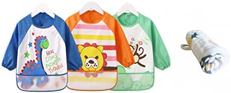Momloves Cute Cartoon Toddler Baby Waterproof Sleeved Bib, Baby Toddler Smock, FREE BABY TOWELS(6 Months-3 Years)