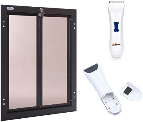 PlexiDor Bronze Dog Door for Door Mounting - Energy Efficient Weatherproof Performance Pet Door with Lock and Security Panel for Dogs & Extreme Dog Fence Grooming Glove Bundle