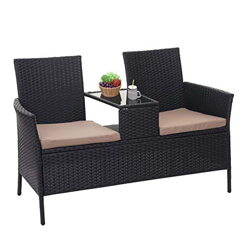 Mendler Poly-Rattan Sitzbank mit Tisch HWC-E24, Gartenbank Sitzgruppe Gartensofa, 132cm - schwarz, Kissen Creme – Bild 3
