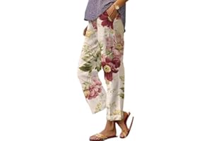 DMOYALA Linen Pants Women Summer Boho Floral Pants Hight Waist Drawstring Casual Loose Floral Pants with Pockets