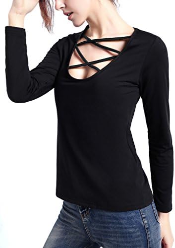 EYAN Women's Loose V Cross Neck Long Sleeve Shirts, Cotton Basic T Shirt, Sexy Blouses Tops (L,Black)