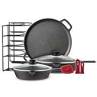 Cast Iron Cookware 6-Pc Set - 10”+12” Skillet + Glass Lids + Pizza Pan + Pan Rack Organizer + Silicone Handle Covers + Scraper/Cleaner - Pre-Seasoned Essentials Kit - Grill, Camping, Indoor/Outdoor Cast Iron Cookware 6-Pc Set - 10”+12” Skillet + Glass Lids + Pizza Pan + Pan Rack Organizer + Silicone Handle Covers + Scraper/Cleaner - Pre-Seasoned Essentials Kit - Grill, Camping, Indoor/Outdoor
