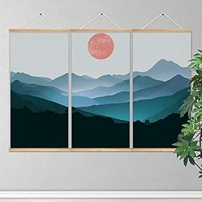 3 Panel Hanging Poster Wooden Framed Sun and Mountain Home Wall Canvas Prints Ready to Hang - 18"x36"x3 Panels