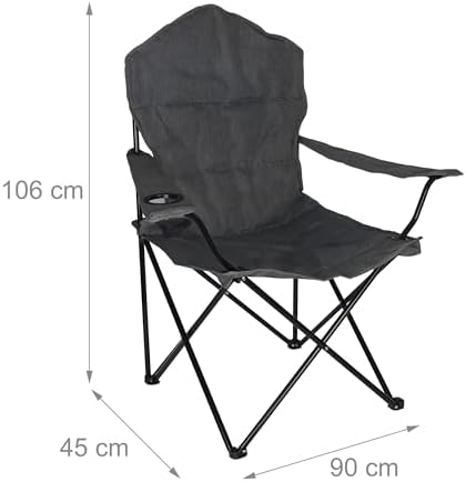 Campingstuhl, klappbar, Armlehnen, Getränkehalter, Tragetasche, HxBxT: 106x90x45 cm, 100 kg, Klappstuhl, grau