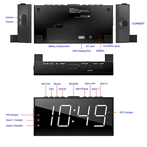 Alarm Clock for Bedroom, 2 Alarms Loud LED Big Display Clock with USB