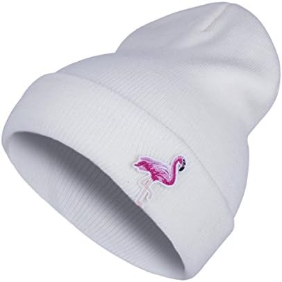Women Flamingo Knitted Beanie Fashion Cuffed Plain Winter Hat (White)…