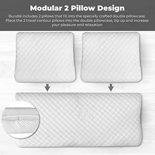 Red Suricata 2 Travel Contour Pillows & Double Pillowcase Bundle – Compact Therapeutic Memory Foam Travel Pillow - Bamboo Cover – 3 Firmness Levels - Connect 2 for Full Size Pillow (Regular)