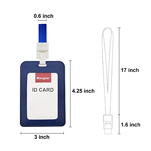 ID Holder PU Leather ID Badge Holder Wallet - Double Sided Name Card Holder with Pockets Clear Viewing Window Id Badge and 20" Neck Lanyard/Strap for Offices ID, School ID, Credit Card (Blue)