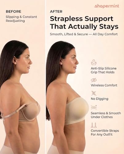 SHAPERMINT Strapless Bra, Wireless Non-Slip Bandeau, Convertible Straps, Molded Strapless Bras for Women S to Large Breasts