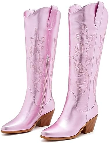 ZXHYZLZ Women’s Pink Western Cowboy Boots - Knee-High, Wide Calf