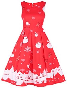 OQC Women's Sleeveless Christmas Santa Claus Print Cocktail Party Flared Dress with Belt, Red-White, X-Large