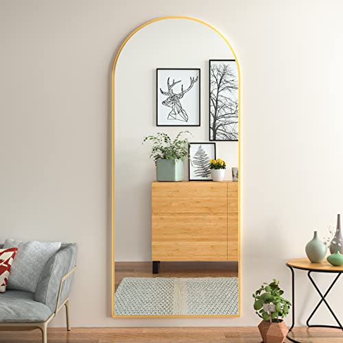 DYNWELL Arched Full Length Mirror, 71"x26" Large Floor Mirror With Stand, Wall-Mounted Gold Body Mirror For Bedroom