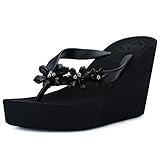IDIFU Women's Sweet Flowers Wedge Platform Thong Sandals Flip Flops With Heels