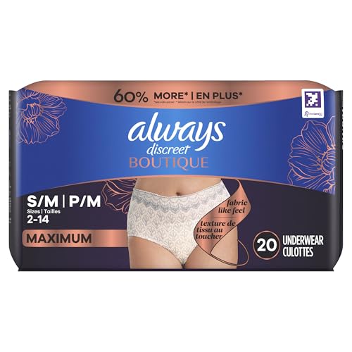 ALWAYS DISCREET BOUTIQUE INCONTINENCE AND POSTPARTUM UNDERWEAR FOR WOMEN, MAXIMUM PROTECTION, S/M, ROSY, 20 COUNT (PACKAGING MAY VARY)