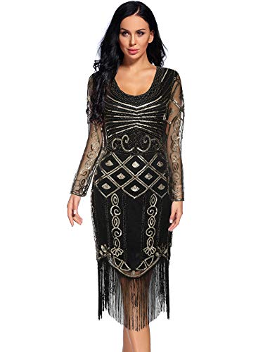 1920 Dresses for Women V Neck Sparkly Sequin Flapper Great Gatsby Fringed Cocktail Dress (Black-3, L)