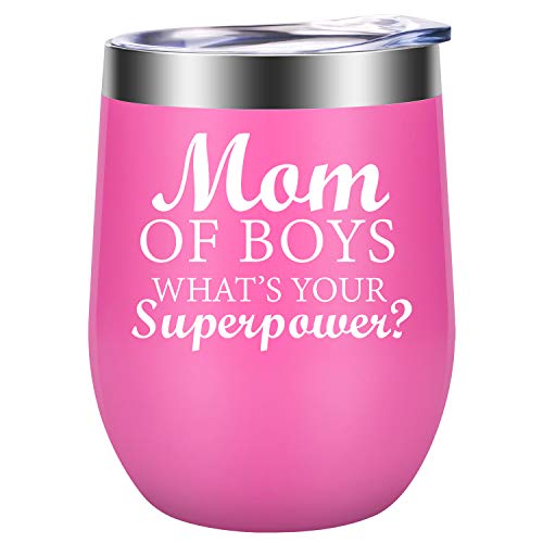 Mom of Boys What's Your Superpower - Boy Mom Gifts for Women - Funny Mom Birthday, Mothers Day, Thanksgiving, Christmas Gifts for Boymom, Mother of Boys - LEADO Boy Mom Wine Tumbler Mommy's Sippy Cup