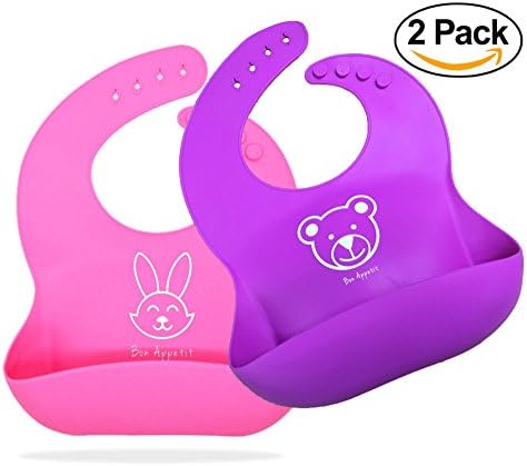 Soft Waterproof Silicone Baby Bib Easy Wipe - BPA Free - 100% Food Grade Silicone - Soft Comfortable Adjustable Collar - Foldable - 2 Pack Baby Bibs (Pink Purple) Friendly Animal Print Baby Bibs